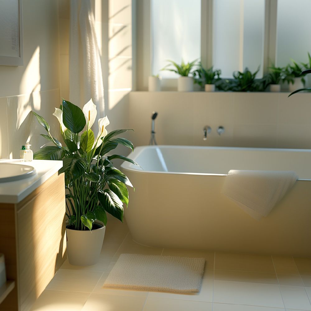 Spatiphilum en fleur dans une salle de bain lumineuse, ajoutant fraîcheur et élégance à votre intérieur.